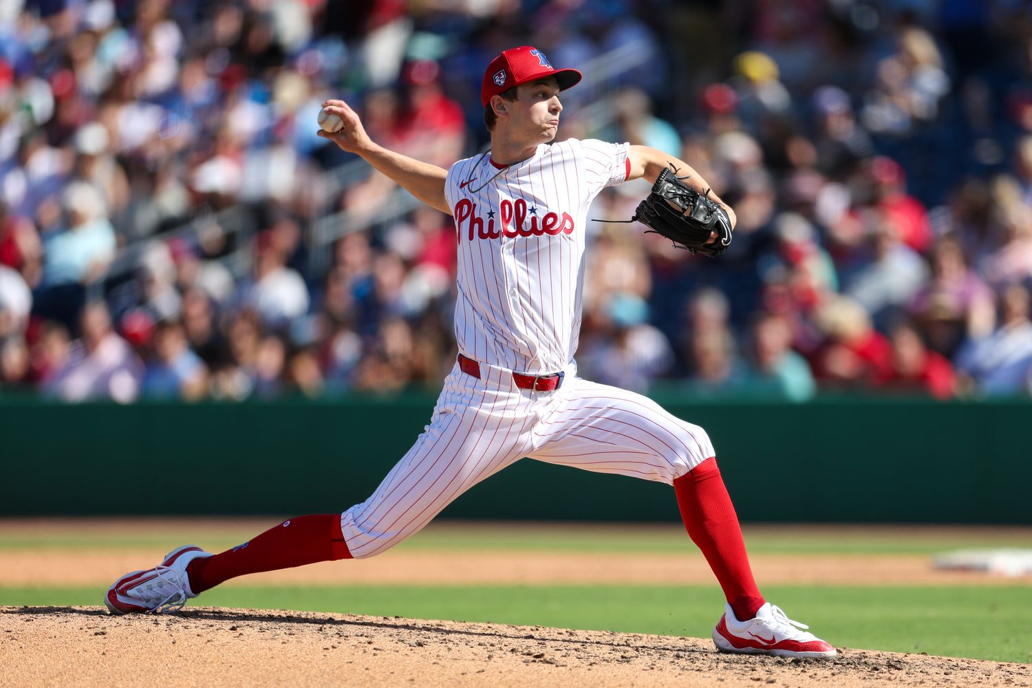 Feb 25, 2024; Clearwater, Florida, USA; Philadelphia Phillies pitcher Mick Abel (74) throws a pitch against the New York Yankees in the sixth inning at BayCare Ballpark.